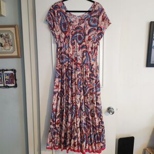 Soft Surroundings Women's 1X Kara Maxi Dress Pink Paisley Tiered Flutter Sleeve